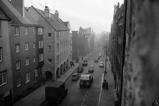 A picture looking down the Canongate towards the Tron Kirk from a tenement window in April 1960.
