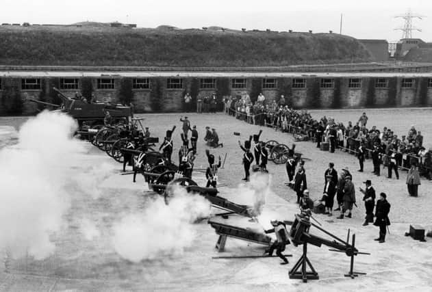 The medieval breech-loader being fired at Fort Nelson in a feu-de-joie salute celebrating artillery through the ages, 1993. The News PP5718