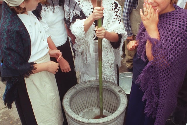 Pupils from Emmanuel Junior school, Waterthorpe, were seen doing the washing the old fashion way in a dolly tub in 1999. Girls LtoR are,  Jennifer Brokholme, Emma Humphries, Lucy Archbould,  and Kimberley Jones.