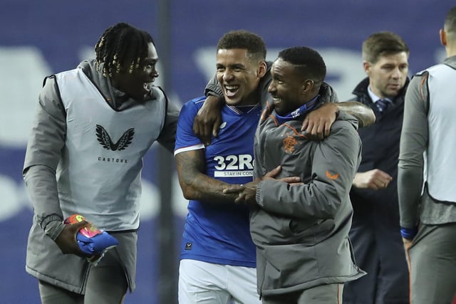 Defoe congratulates his  team mates after helping Rangers qualify for the Europa League group stage by beating Galatasaray 2-1 during the 2020/21 season 