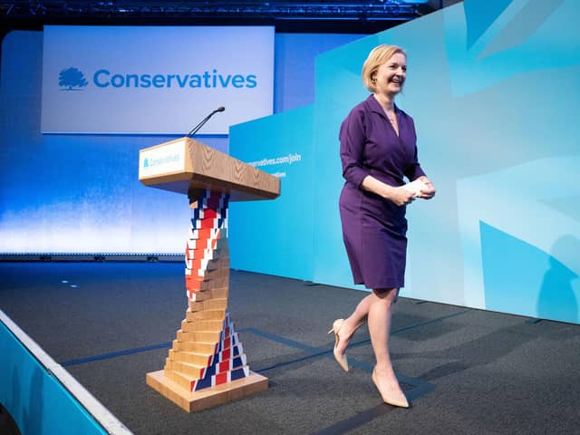 LONDON, UNITED KINGDOM - SEPTEMBER 05: Foreign Secretary Liz Truss delivers an acceptance speech at the Queen Elizabeth II Conference Centre in Westminster after being announced the winner of the Conservative Party leadership contest in London, United Kingdom on September 05, 2022. Liz Truss will be appointed as Britain's new prime minister on Tuesday after Boris Johnson visits the Queen at Balmoral to officially resign his position. (Photo by Stefan Rousseau - Pool/Getty Images)