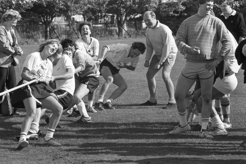 Tug of war during the 1983 Wearmouth Deanery Sports Fun Day, held in aid of the C of E Children's Society. The Fun Day was held at the Vaux Sports Ground. Were you there?