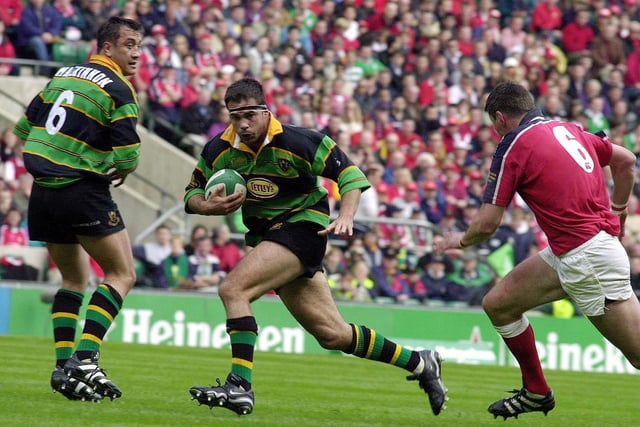 Former Scotland captain Budge Pountney makes a break for Northampton during their 2000 Heineken Cup final against Munster at Twickenham. In a tense, gritty battle the Saints prevailed 9-8 thanks to three Paul Grayson penalties. Munster's David Wallace scored the only try of the game.
