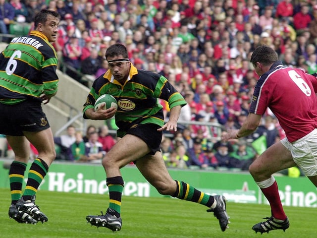 Former Scotland captain Budge Pountney makes a break for Northampton during their 2000 Heineken Cup final against Munster at Twickenham. In a tense, gritty battle the Saints prevailed 9-8 thanks to three Paul Grayson penalties. Munster's David Wallace scored the only try of the game.