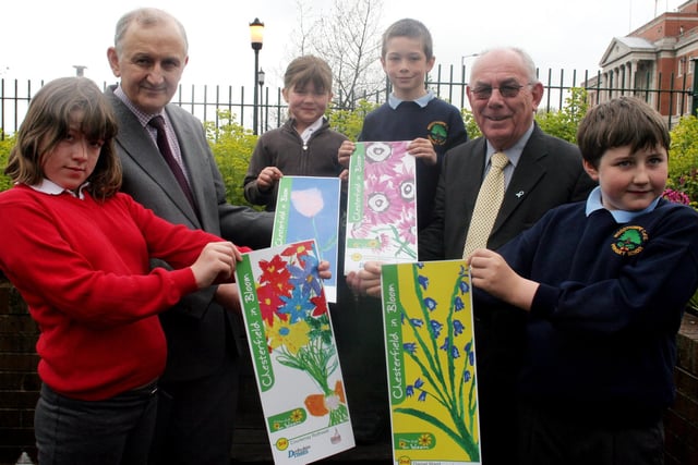 Chesterfield in bloom poster winners, Courtney Rothwell,Lois Ward,Sam Marples,Daniel Ward with sponsors Mike Wilson, Derbyshire Times and Graham Barber,Wildgoose construction.