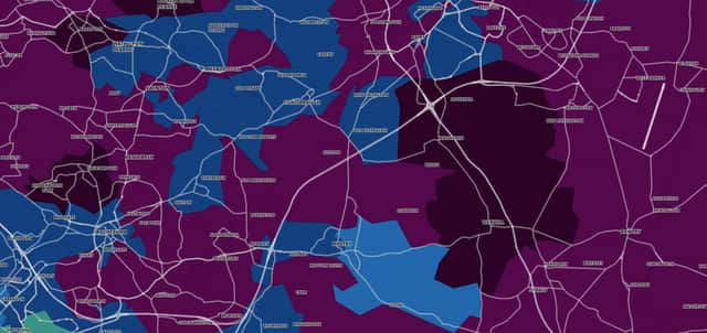This map shows the case rate per 100,000 people in the Doncaster area for the seven days to September 27. Blue areas have  arate of 200-399, burgundy 400-799, purple 800-plus.