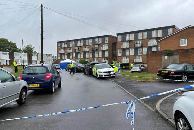 The scene in Bowshore Close, Batemoor following the death of a man in his 50s, sparking a murder probe