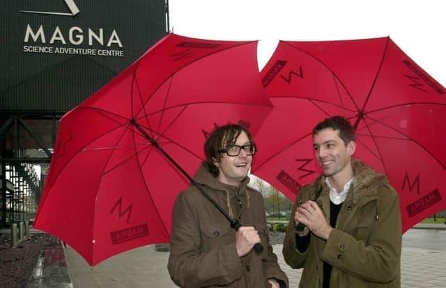Jarvis Cocker and Steve Mackey of Pulp outside Magna in Rotherham in 2002
