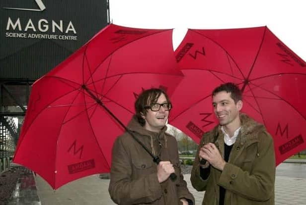 Jarvis Cocker and Steve Mackey of Pulp outside Magna in Rotherham in 2002