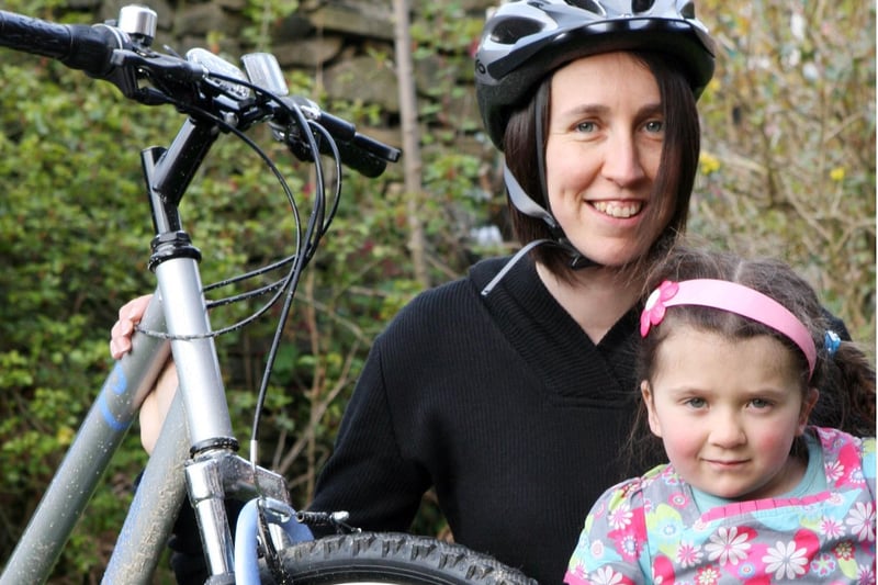 Rachel Wylde, pictured with daughter Molly in Chesterfield, did a bike ride for the British Heart Foundation in 2008.