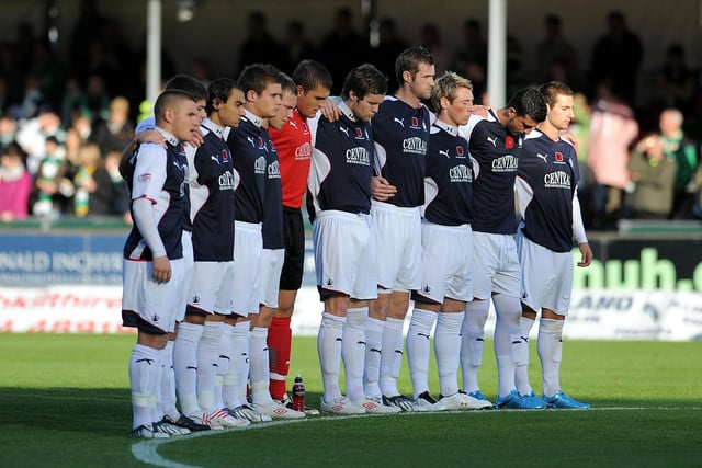 Falkirk players observe a minutes silence before the match