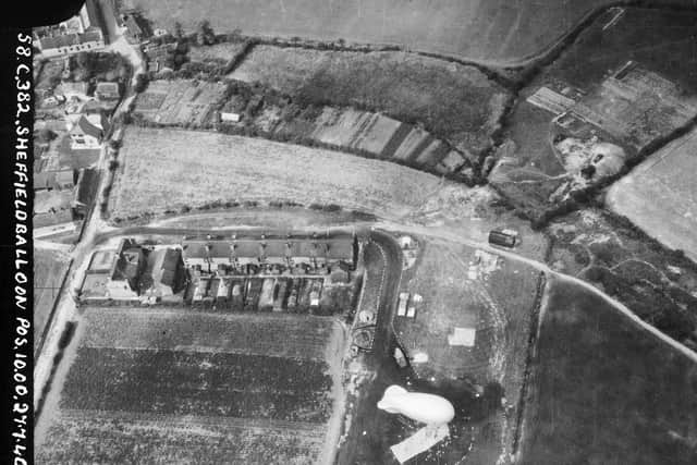 This 1940 RAF aerial photograph from the Historic England archive shows a Second World War barrage balloon between Rotherham and Sheffield