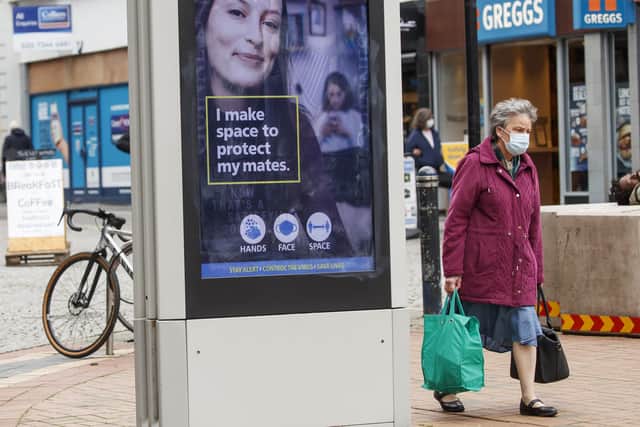 A government health warning is displayed in Sheffield, after a range of new restrictions to combat the rise in coronavirus cases came into place in England.