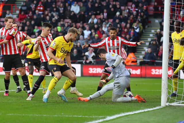 Sheffield United watch as the ball crosses the line against Watford: Simon Bellis / Sportimage