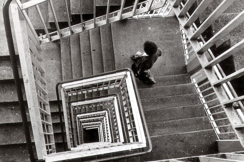 A long walk down the stairs at Park Hill Flats in 1979