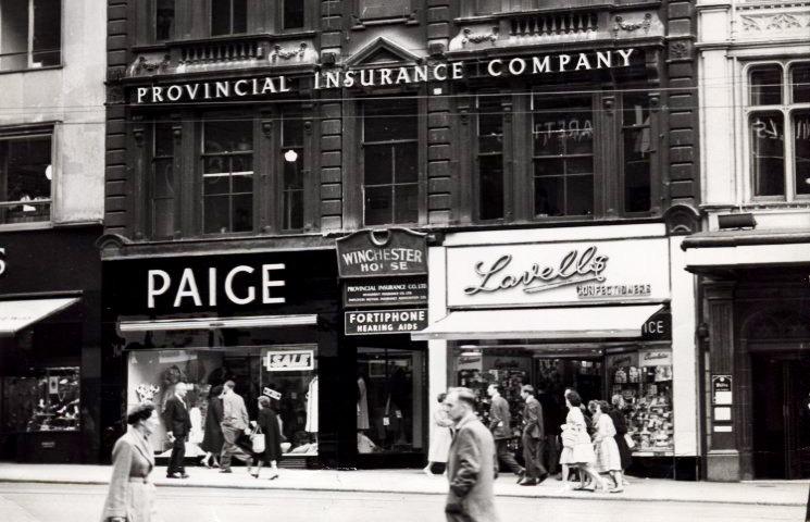 Winchester House, Fargate, Sheffield, with the Paige fashion store and Lovells Confectioners, June 1960
