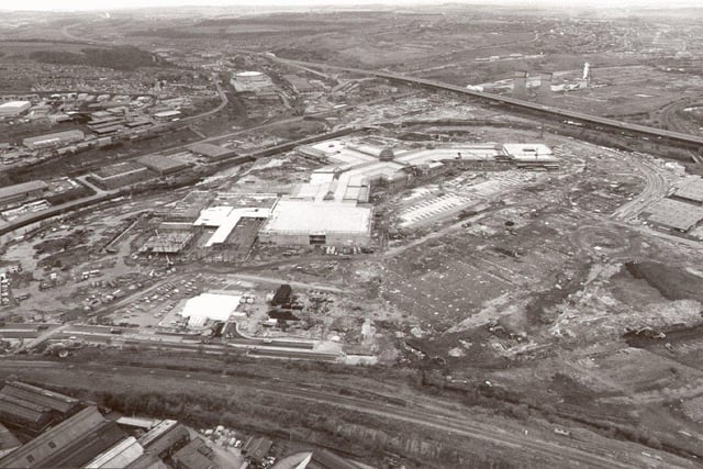 Aerial view of the land covering the Meadowhall Shopping Complex during its construction
