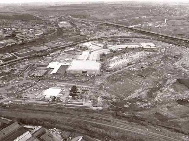 Aerial view of the land covering the Meadowhall Shopping Complex during its construction