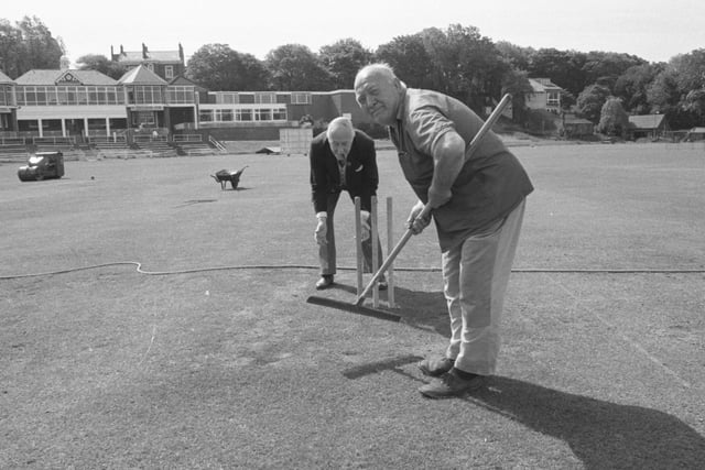 Ashbrooke head groundsman, Mr Jimmy Lee and Mr Charles Lambert, member of Durham County Cricket committee and Sunderland Cricket Club, test the wicket which will be used during the Australian visit. Were you there for the visit?