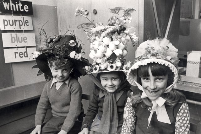 Porter Brook School   Easter Bonnet parade March 1975 winners l to r Keith Williams, six, Jane Smith, five, and Lorraine Johnson, seven