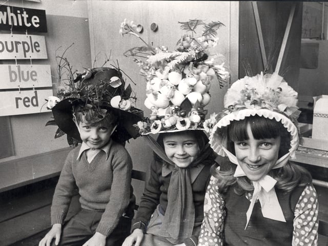 Porter Brook School   Easter Bonnet parade March 1975 winners l to r Keith Williams, six, Jane Smith, five, and Lorraine Johnson, seven