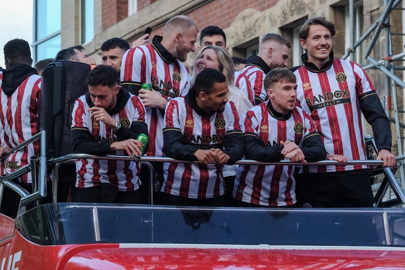 Sheffield United's players celebrate their promotion to the Premier League