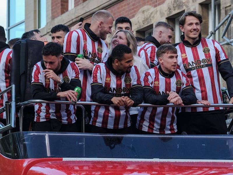 Sheffield United's players celebrate their promotion to the Premier League