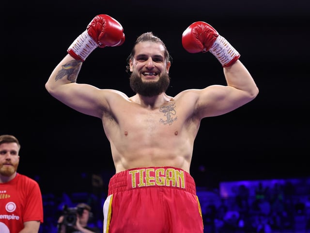 Liam Cameron celebrates winning his light heavyweight contest. Picture: Mark Robinson/Matchroom Boxing