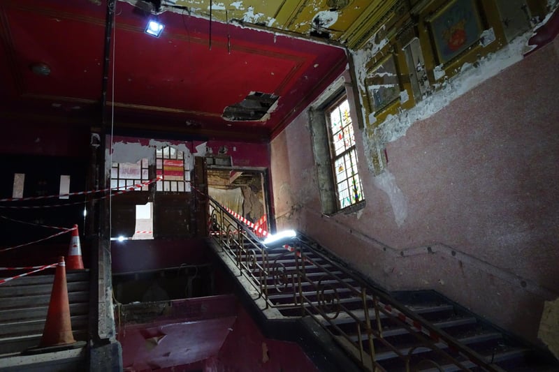Standing inside the front door, looking up at the staircase which led from the paybox to the main cinema (Pic: John Murray)