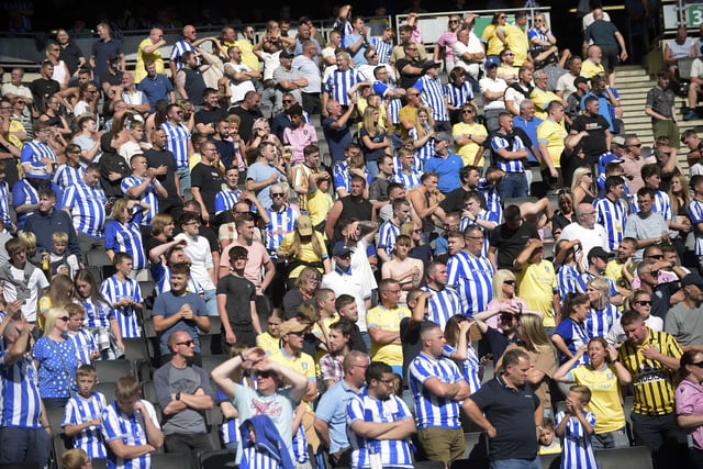 Some of the 6,500 fans enjoying a win in the sun at Milton Keynes.   Pic Steve Ellis