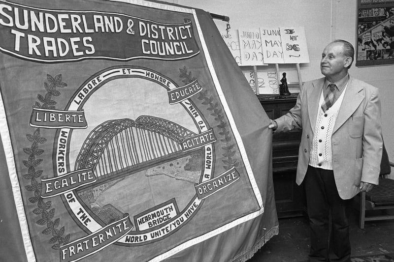 A new banner made by retired Boldon miner Davison Brenen led the May Day march through Sunderland n 1983..  Albert Carpenter, treasurer of Sunderland District Trades Council was pictured admiring the new banner.
