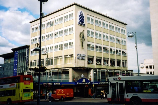 Picture taken in the 1990s of Castle House, Angel Street, featuring the Vulcan Sculpture by Boris Tietze