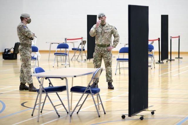 Members of the Royal Scots Dragoon Guard carry out a reconnaissance before setting up a Covid–19 vaccination centre at the Ravenscraig Regional Sports Facility in Motherwell