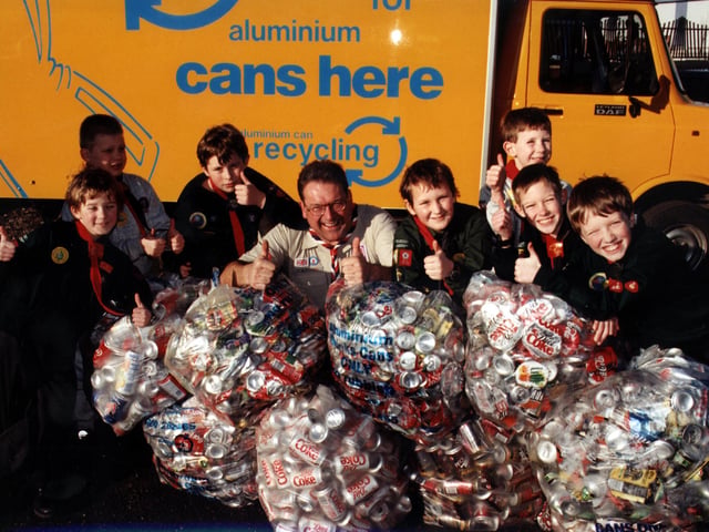 To mark the launch of the 1998 South Yorkshire Scouts Recycling League, Neil Leatherland, South Yorkshire County Commissioner for the Scout Association, prestented the winning Scout Group of the 1997 league (25th Doncaster Scouts) with a cheque for £100.
