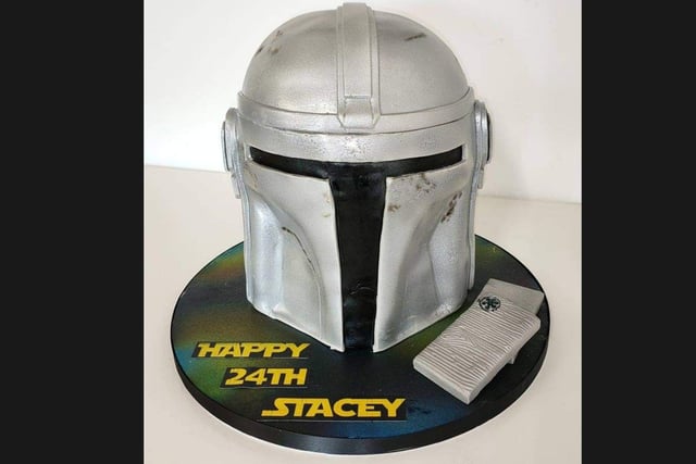 This stunning design is inspired by the most popular Star Wars TV show of the moment with cake based on title character The Mandalorian.