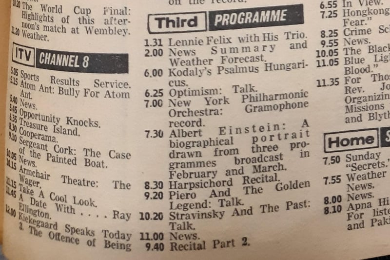Football was not the only choice for TV viewers on Cup Final day. You could watch Juke Box Jury and the Dick Van Dyke Show on the BBC, and Opportunity Knocks and Treasure Island on ITV (on Channel 8).