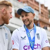 LONDON, ENGLAND - JUNE 05:  Man of the Match Joe Root of England shares a joke with England captain Ben Stokes after day four of the First LV= Insurance Test match between England and New Zealand at Lord's Cricket Ground (Photo by Gareth Copley/Getty Images)