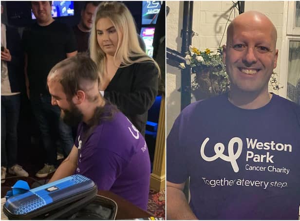 Prince of Wales pub manager Adam Crookes braves the shave and shears off his hair and beard in support of Weston Park Cancer Centre.