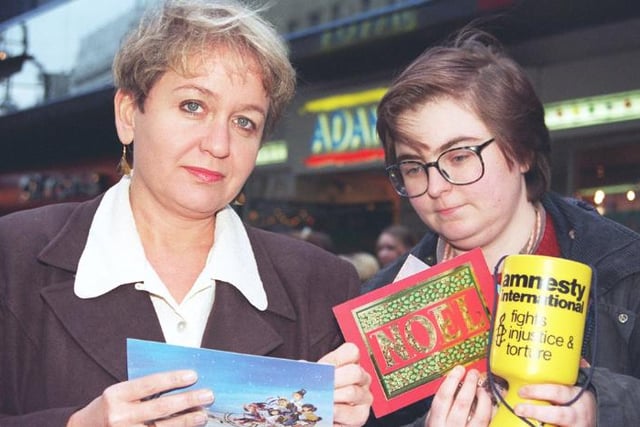 MP Rosie Winterton with Amnesty International volunteer selling Christmas cards in 1997.
