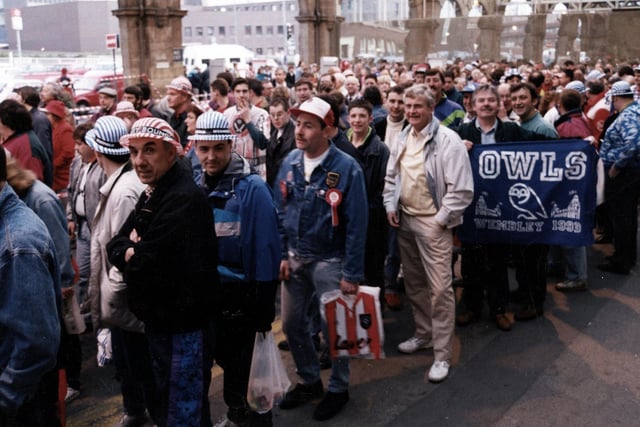 Sheffield United and Sheffield Wednesday supporters caught on camera at Midland Station on their way to the 1993 FA Cup semi-final at Wembley