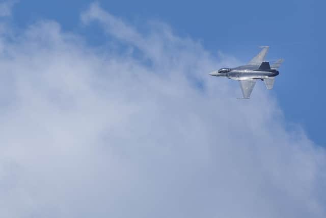 A Belgian F-16 jet fighter takes part in the NATO Air Nuclear drill "Steadfast Noon" (its regular nuclear deterrence exercise) at the Kleine-Brogel air base in Belgium on October 18, 2022. - NATO on October 17, 2022 launched its regular nuclear deterrence drills in western Europe, after tensions soared with Russia over President Vladimir Putin's veiled threats in the face of setbacks in Ukraine. The 30-nation alliance has stressed that the "routine, recurring training activity" -- which runs until October 30 -- was planned before Moscow invaded Ukraine and is not linked to the current situation. (Photo by Kenzo TRIBOUILLARD / AFP) (Photo by KENZO TRIBOUILLARD/AFP via Getty Images)