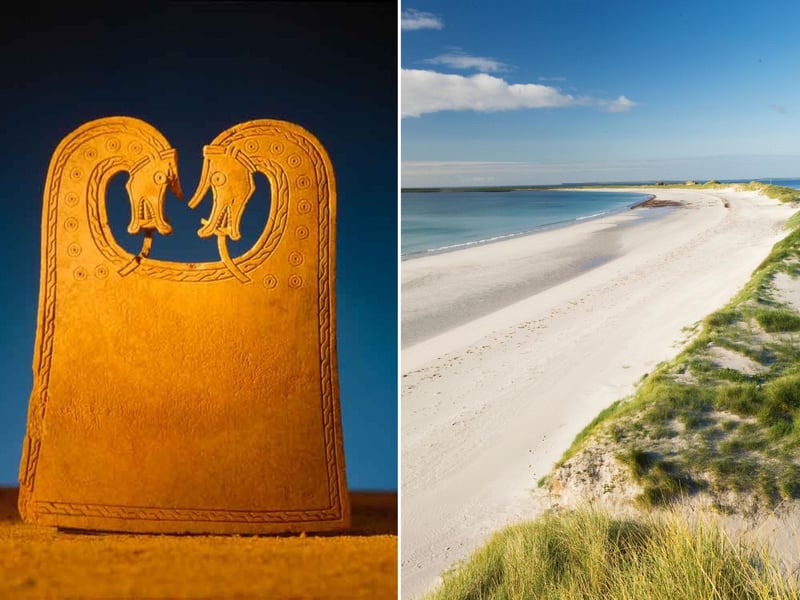 Scar boat burial is a Viking grave which was found near the village of Scar, on the Sanday island of Orkney. The remains of a man, elderly woman, and child were discovered buried at The Crook Beach along with a number of items - including a sword, arrows, and a whalebone plaque (pictured) now known as the Scar Dragon Plaque.