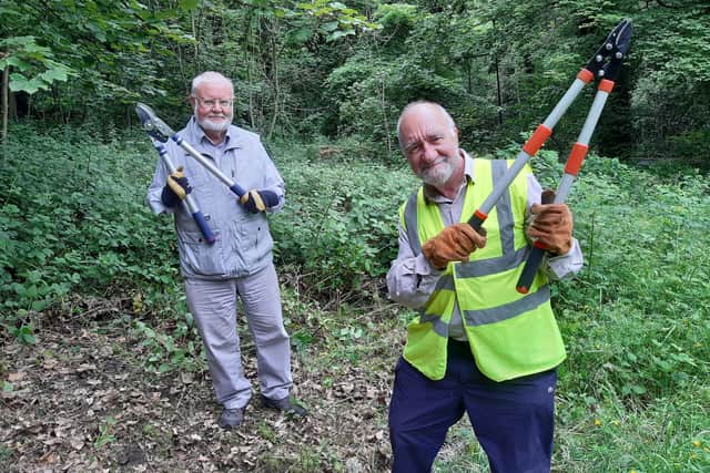 Volunteers Peter Bayliss and Glyn Mansell removing brambles at Bingham Park