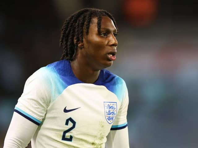 MANCHESTER, ENGLAND - MARCH 22: Brooke Norton-Cuffy of England during the International Friendly between England U20s and Germany U20s at Manchester City Academy Stadium on March 22, 2023 in Manchester, England. (Photo by Matt McNulty/Getty Images)
