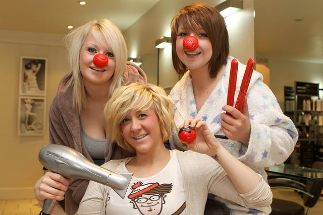 Three weeks of Red Nose fund raising at Artisan Hair and Beauty raised over £150 in 2011 pictured are  Abby Kalnins, Becky Peach and Jessica Smith