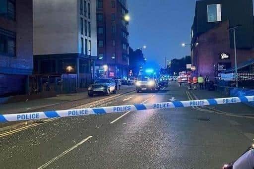 Emergency services were called to Shoreham Street at 3.30am on Sunday, July 10, 2022, following reports people had been injured. The car also hit a building before leaving the scene. Image: Sheffield Online.