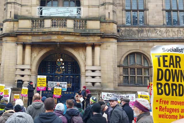 A crowd of people gathered outside Sheffield Town Hall to protest the Nationality and Borders bill in December.