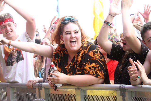 Smiles from festival goers on the front row at Y Not