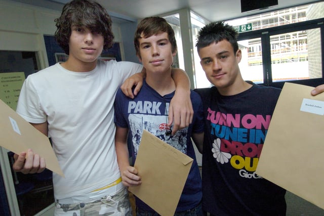 From left, Billy Roberts, Dan Smith and Josh Beachell celebrate their GCSE results at Myers Grove School, Stannington in August 2010