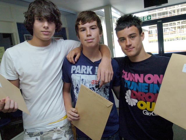 From left, Billy Roberts, Dan Smith and Josh Beachell celebrate their GCSE results at Myers Grove School, Stannington in August 2010
